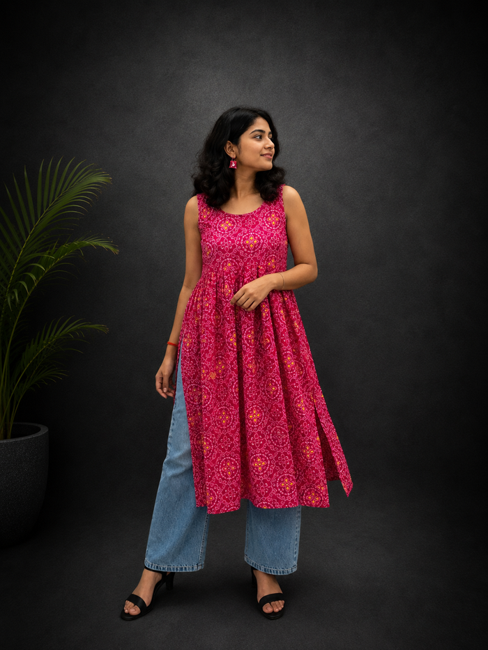 Magneta Long Side Cut Sleeveless Kurti