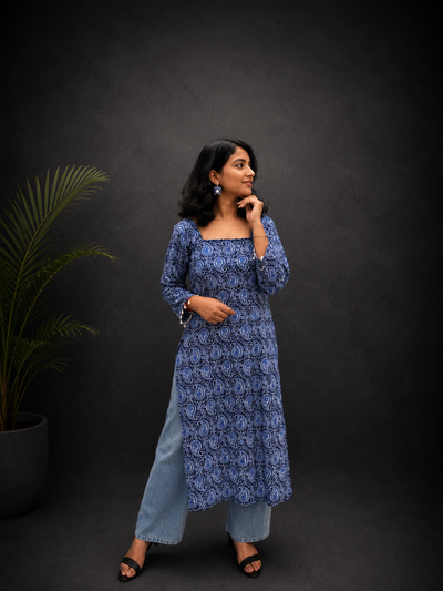 Block Print Blue Long Side Cut Kurti