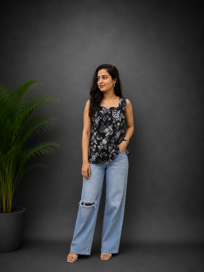 Black Kantha Sleeveless Back Dori Kurti
