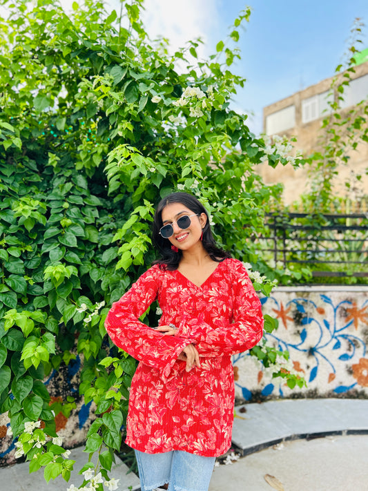 Tomato Red Balloon Sleeve Straight Kurti