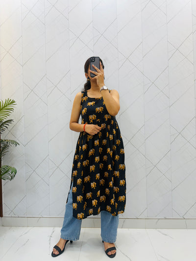 Black Block Printed Sleeveless Kurti