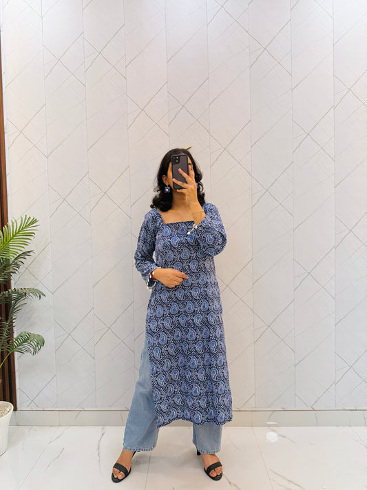 Block Print Blue Long Side Cut Kurti
