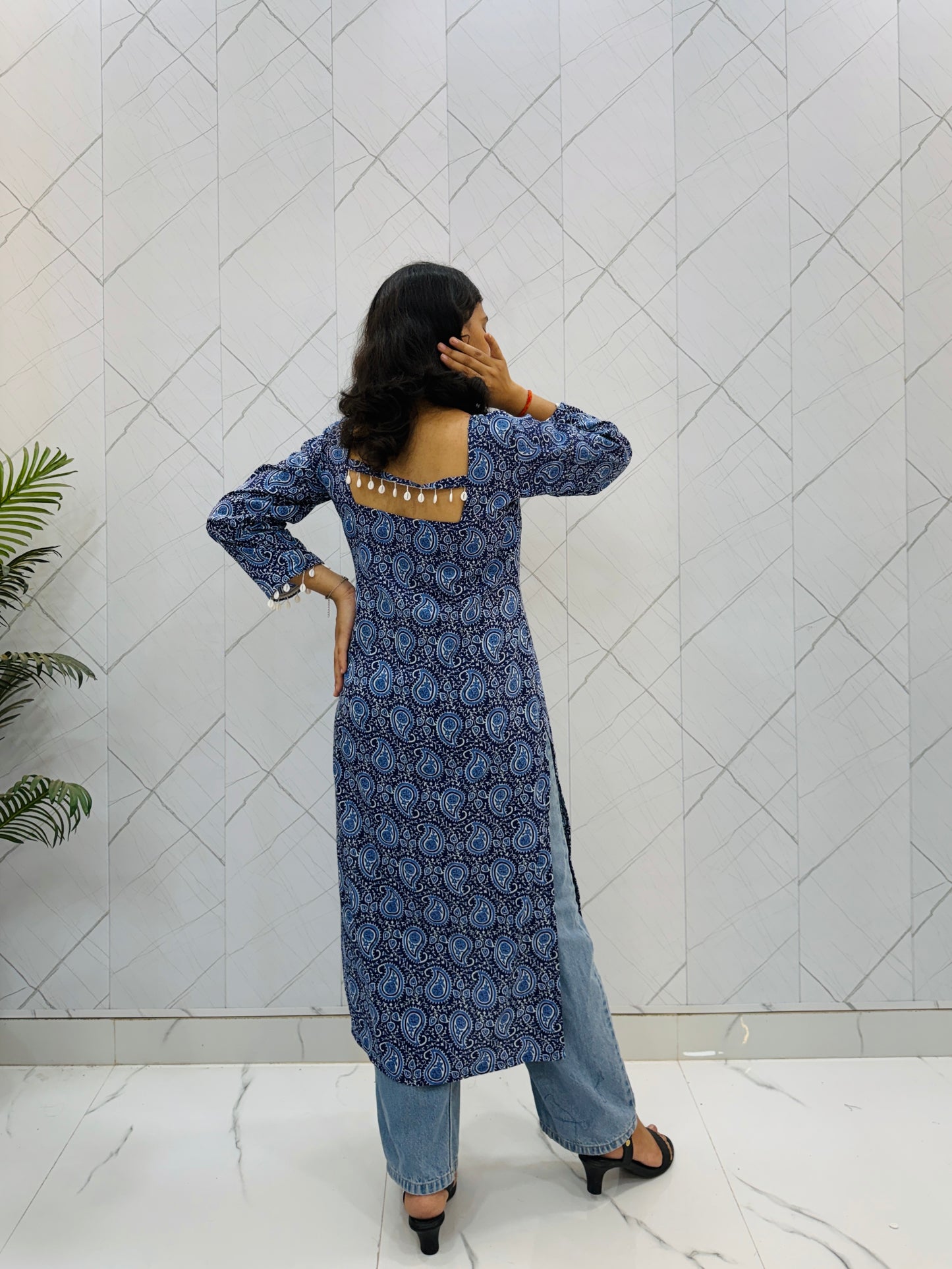 Block Print Blue Long Side Cut Kurti