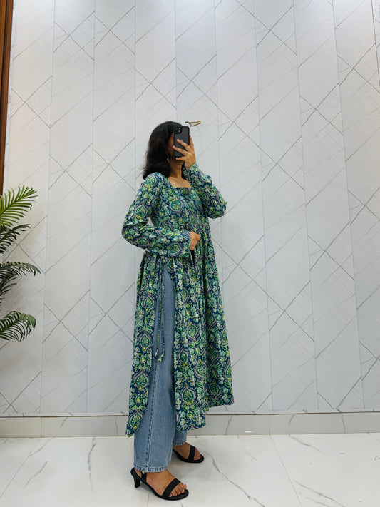 Floral Green Long Side Cut With Dori