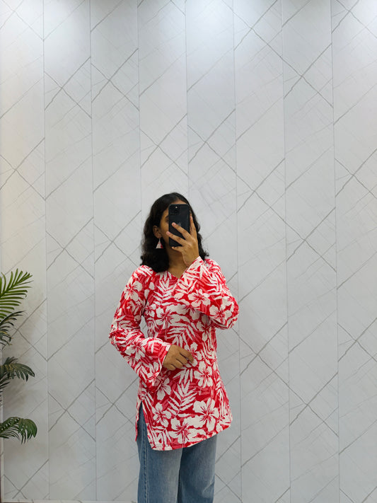 Red Floral Balloon Sleeve Straight Kurti