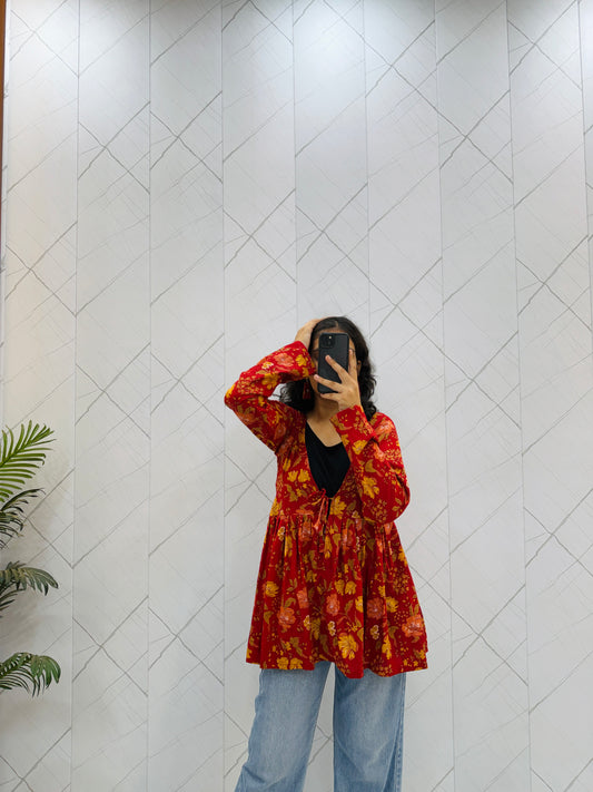 Floral Red Shrug Kurti
