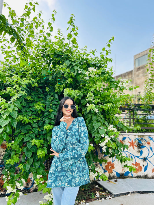 Teal Green Balloon Sleeve Straight Kurti