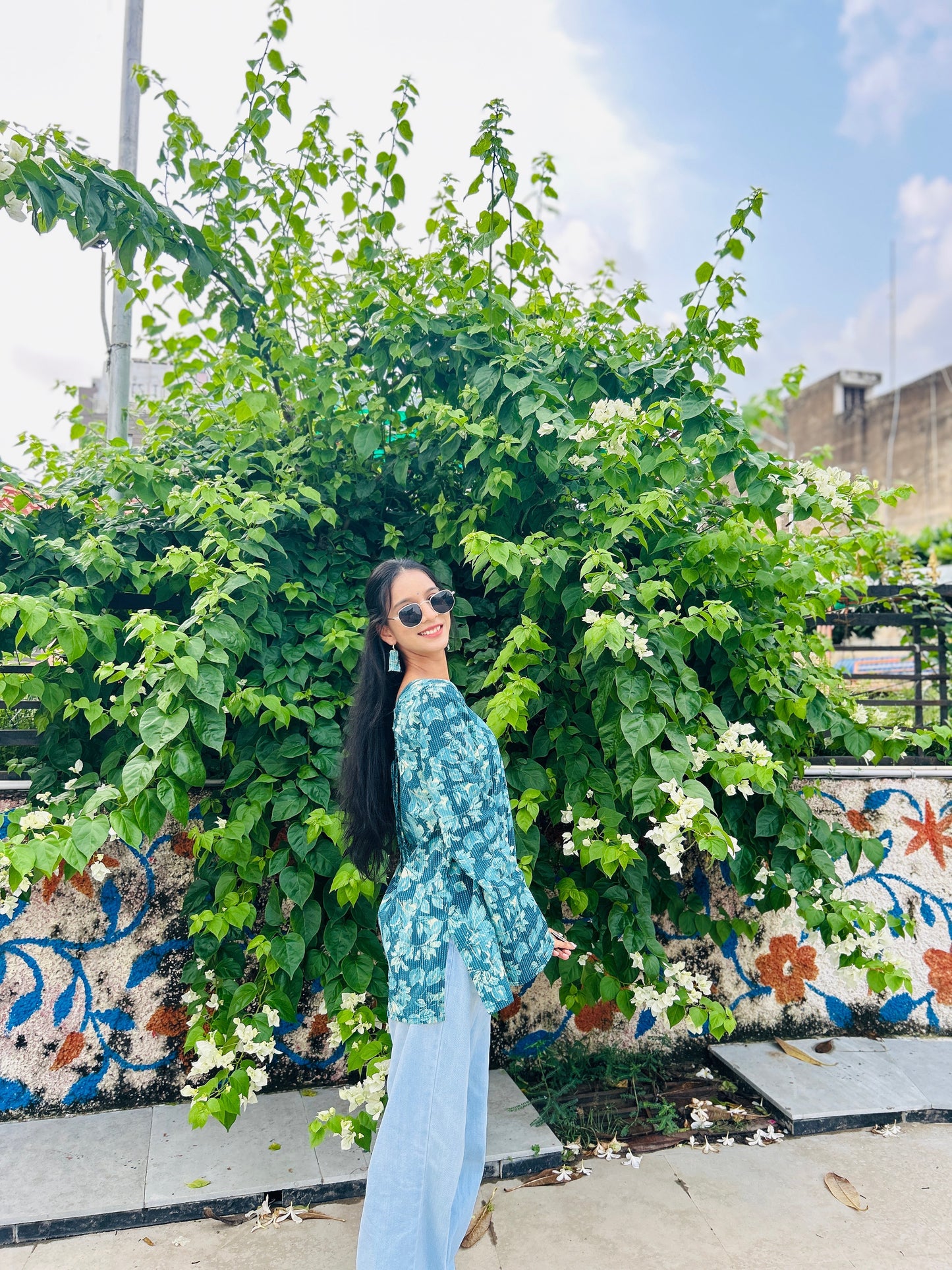 Teal Green Balloon Sleeve Straight Kurti
