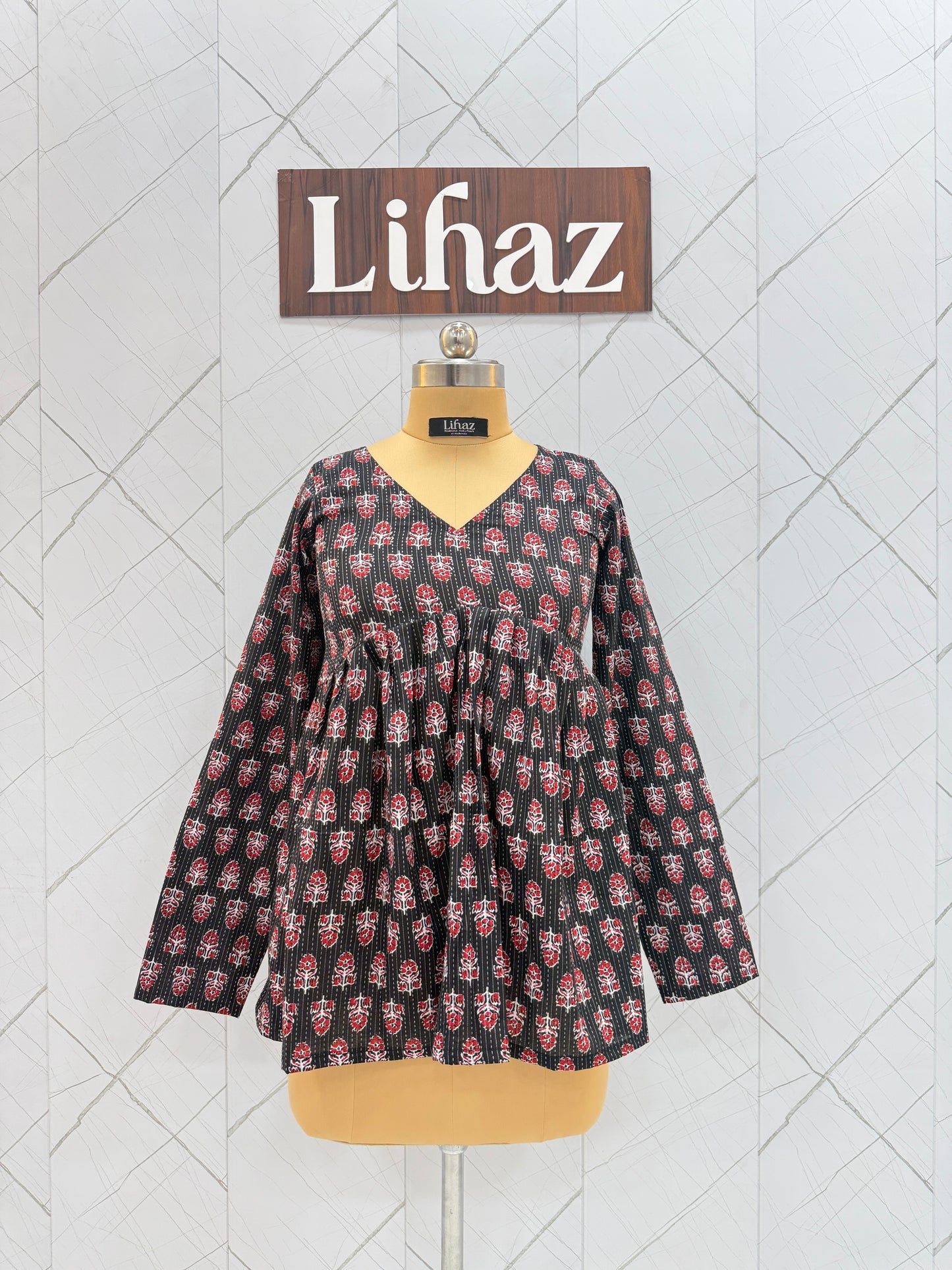 Kantha Floral Black Peplum Top