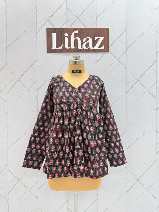 Kantha Floral Black Peplum Top
