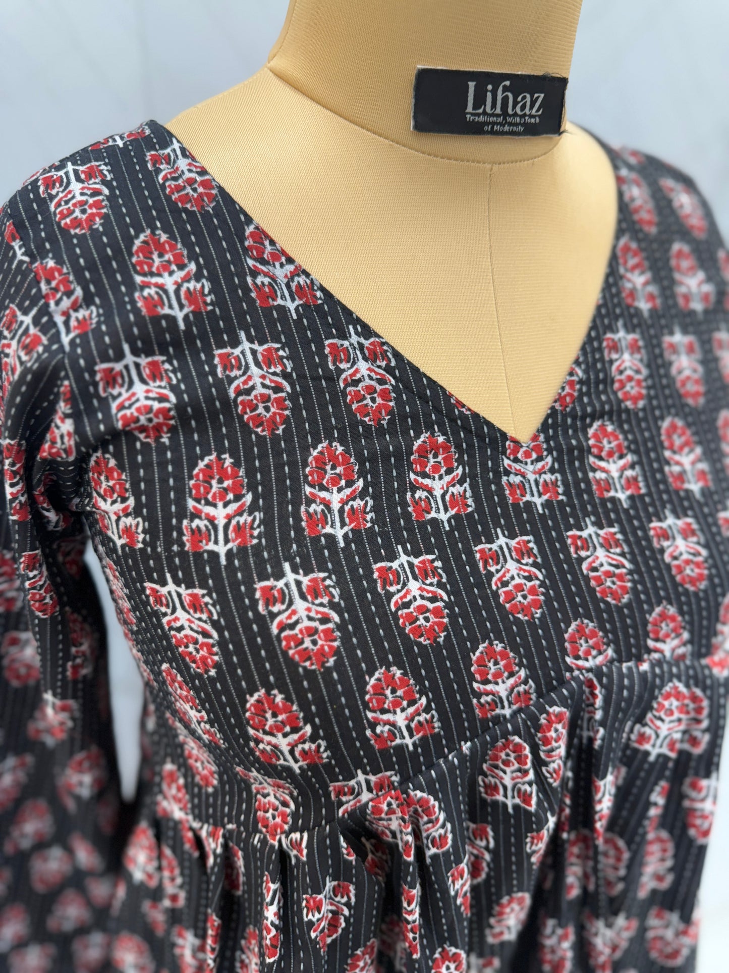 Kantha Floral Black Peplum Top