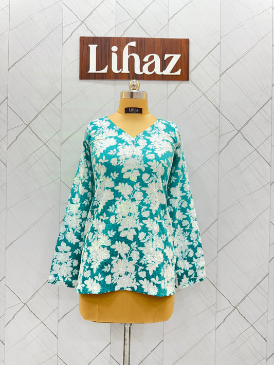 Turquoise Blue Straight Full Sleeve Kurti