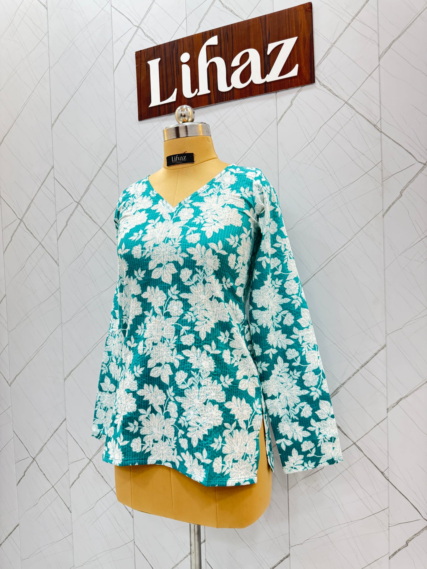 Turquoise Blue Straight Full Sleeve Kurti