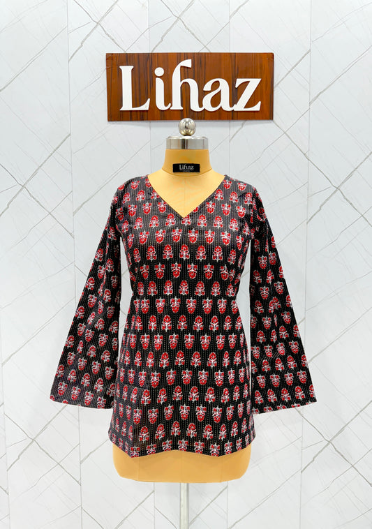 Floral Black Balloon Straight Kurti