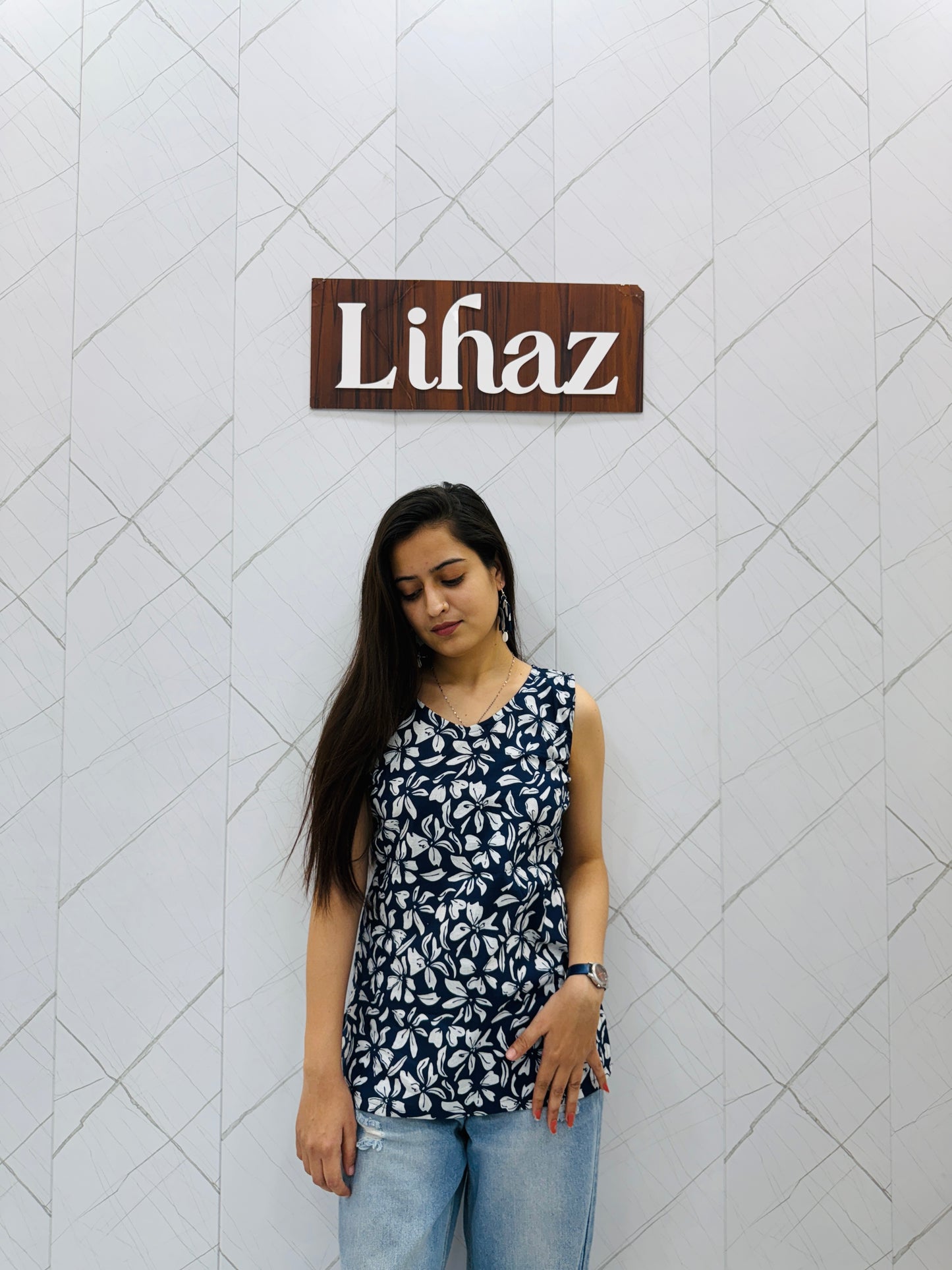 Navy Blue Sleeveless Kurti