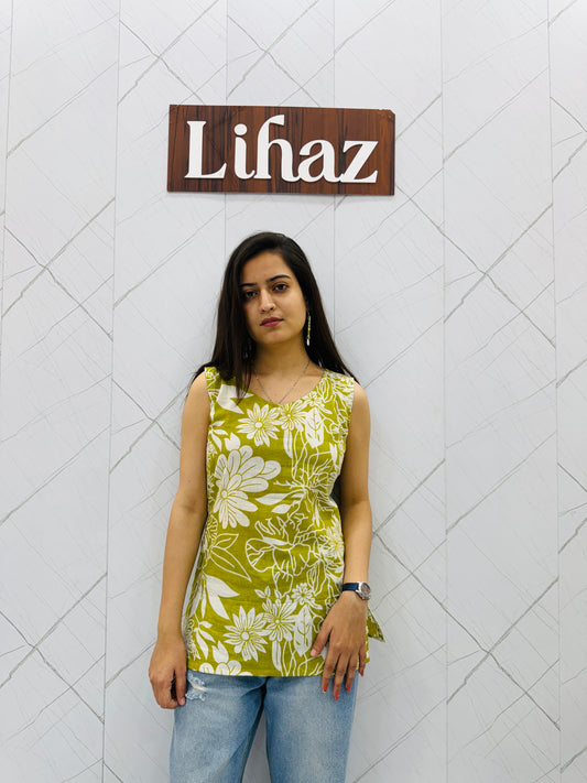 Floral Olive Sleeveless Kurti