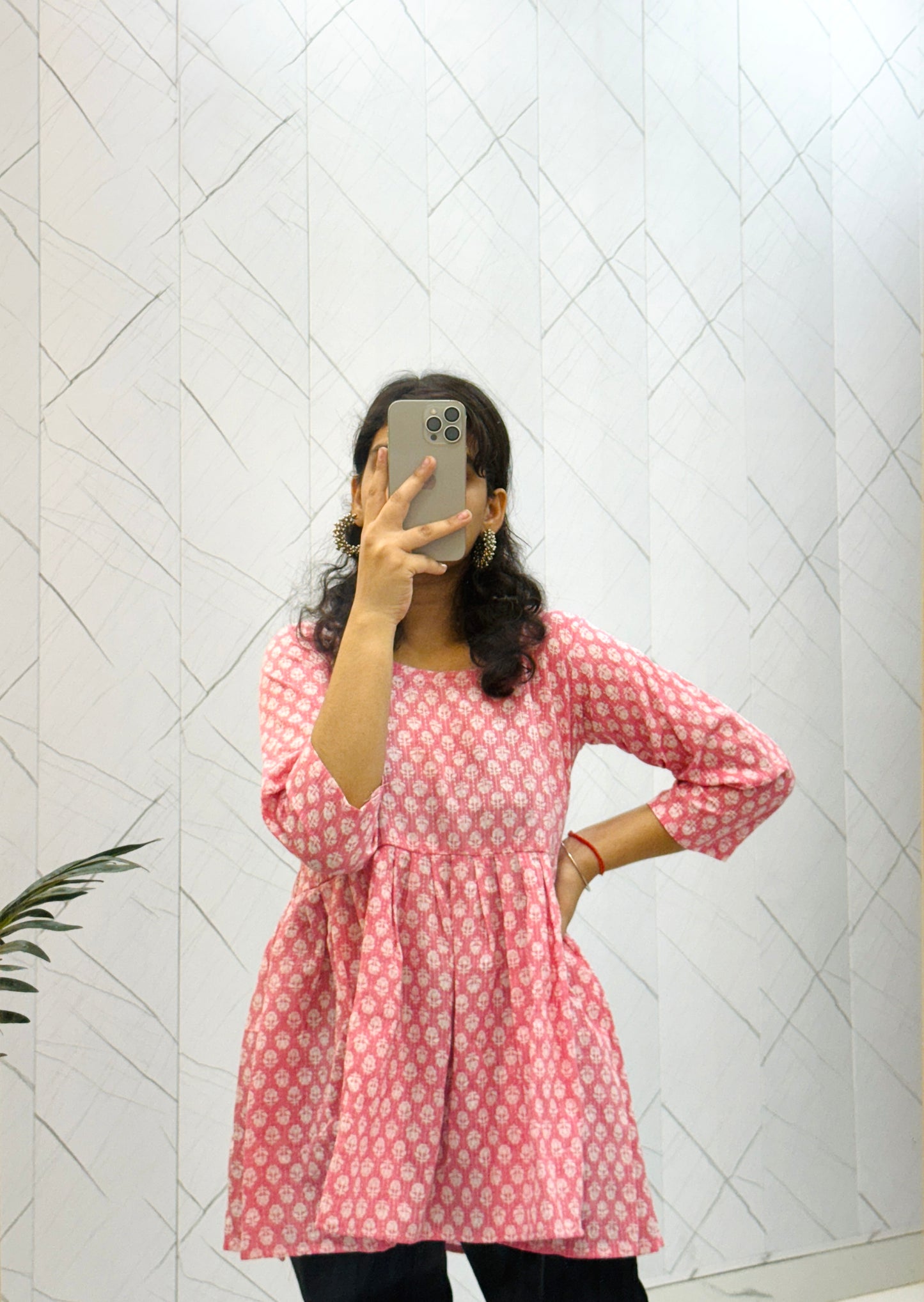 Kantha Pink Quarter Sleeve Peplum Top