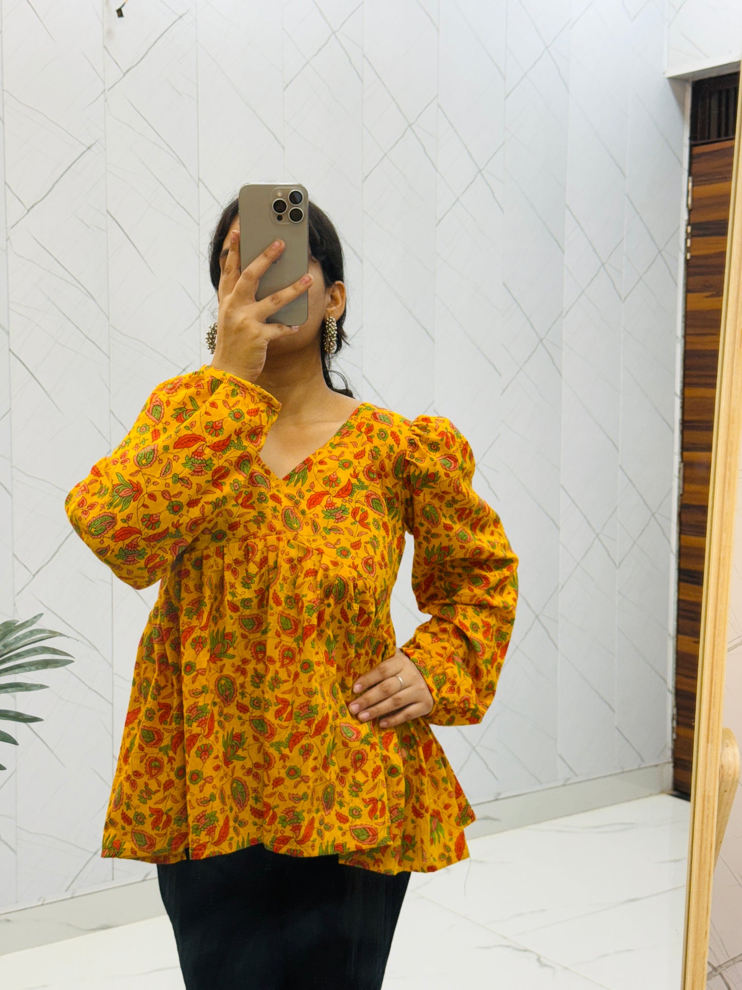 Yellow Back Dori Puff sleeves Peplum Top