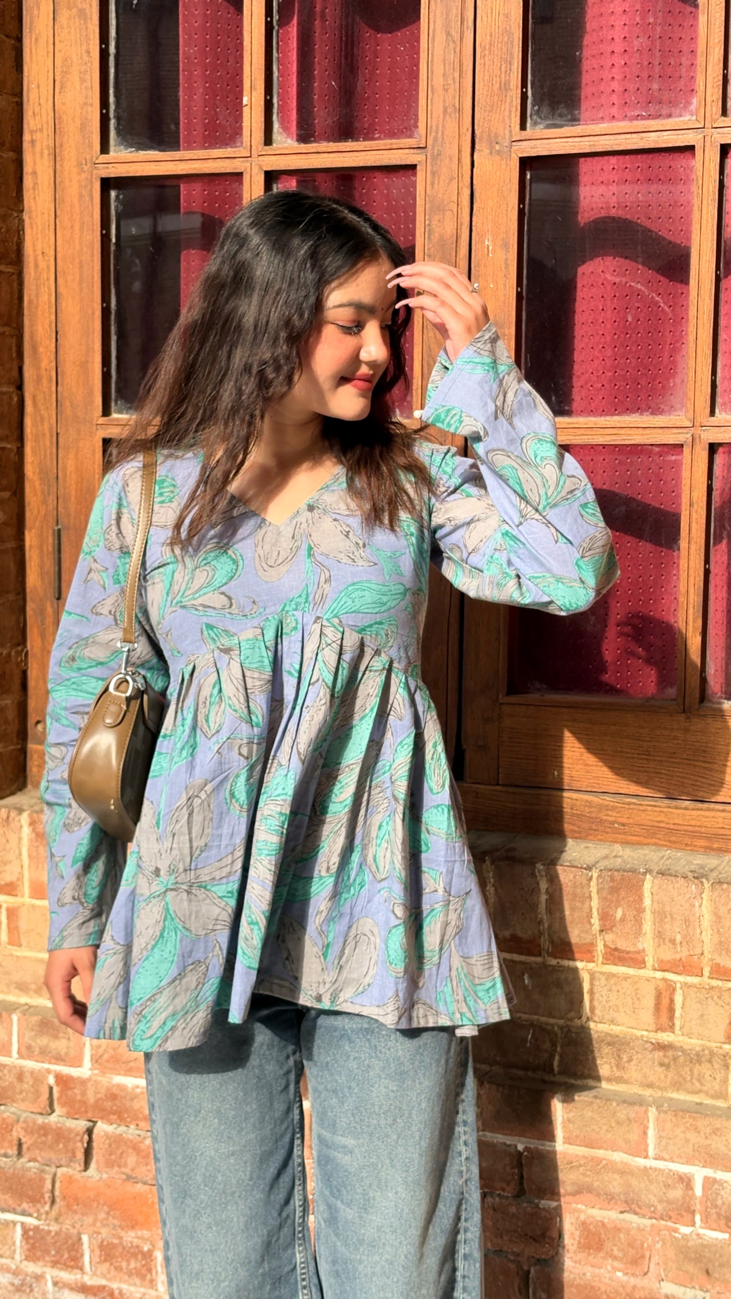 Blue Printed Floral Peplum Top