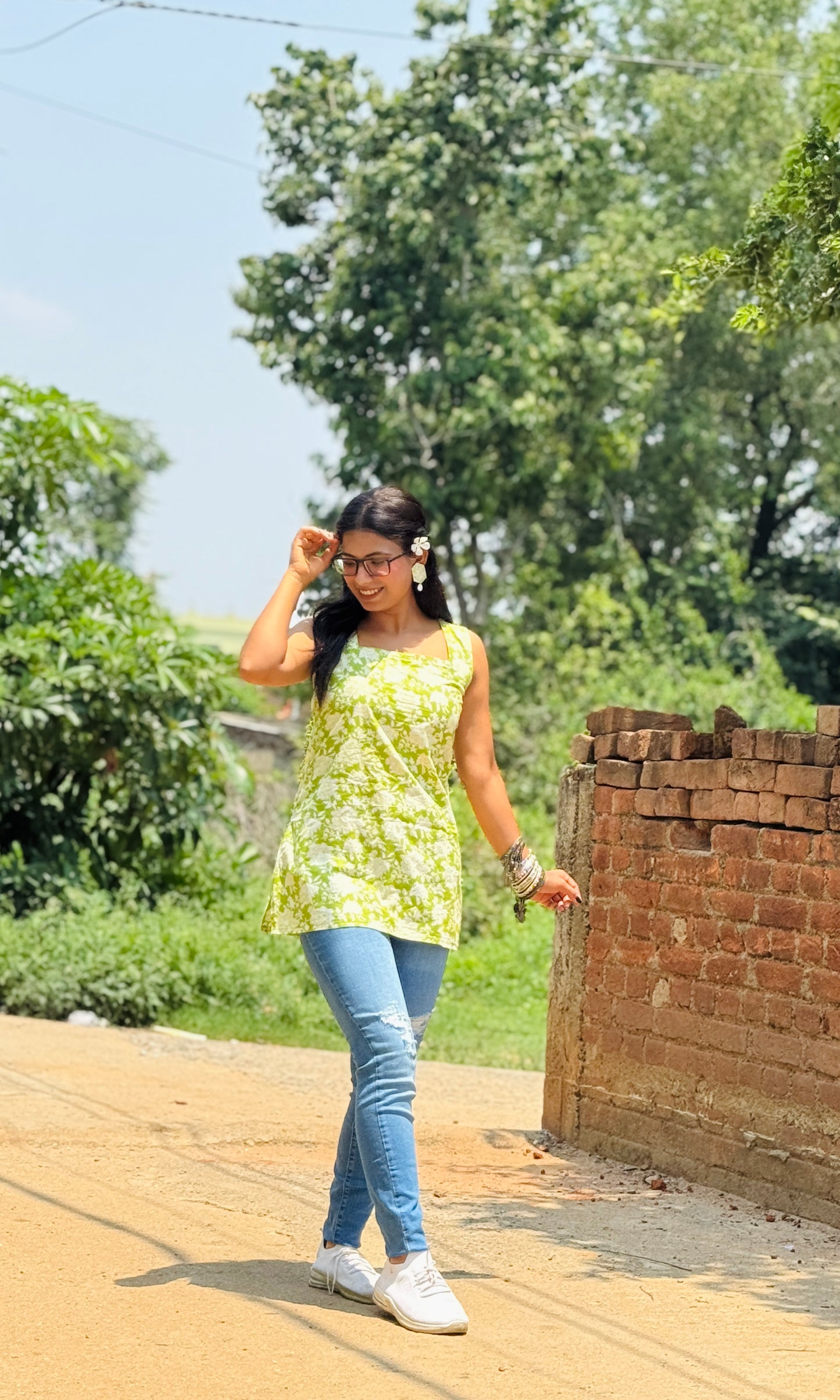 Green Floral Sleeveless Kurti
