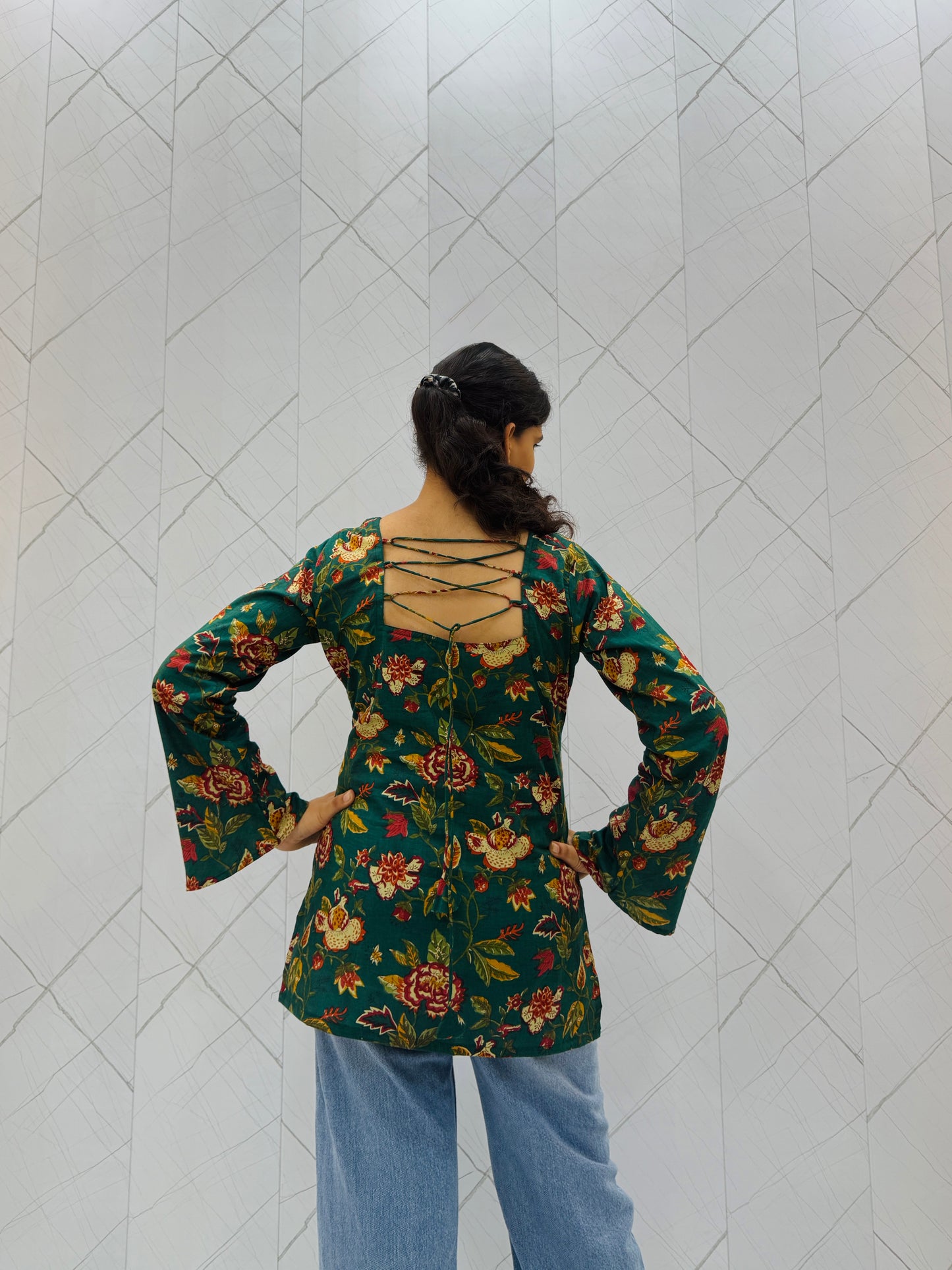 Dark Green Floral Balloon Sleeve Kurti