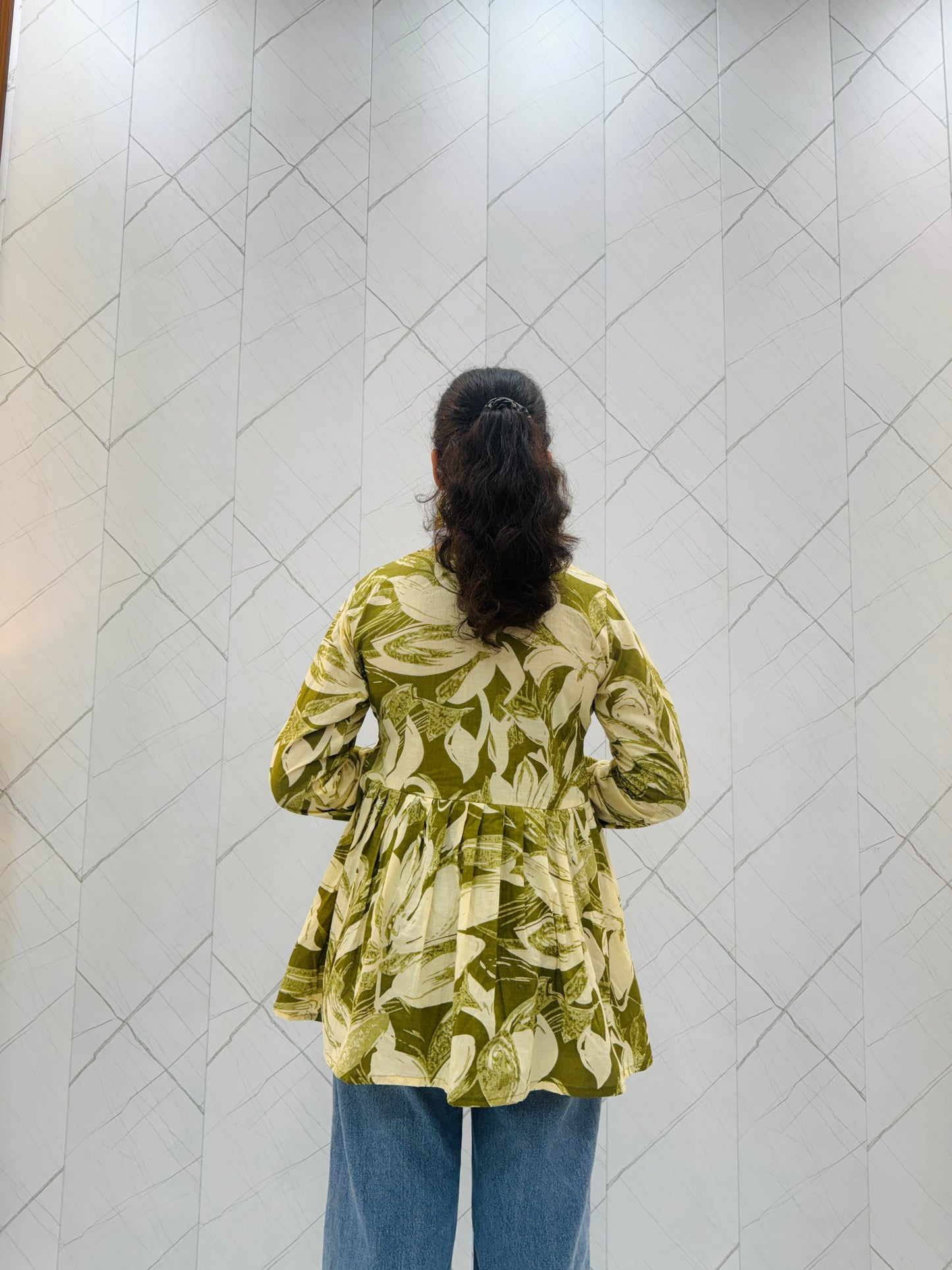 Moss Green Printed Peplum Top