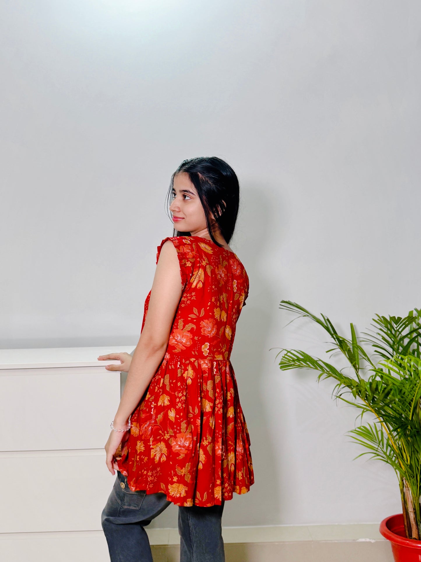 Frills Red Cut Sleeves Peplum Top