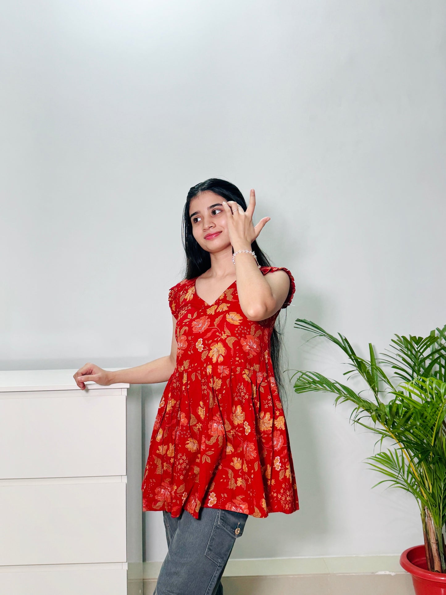 Frills Red Cut Sleeves Peplum Top