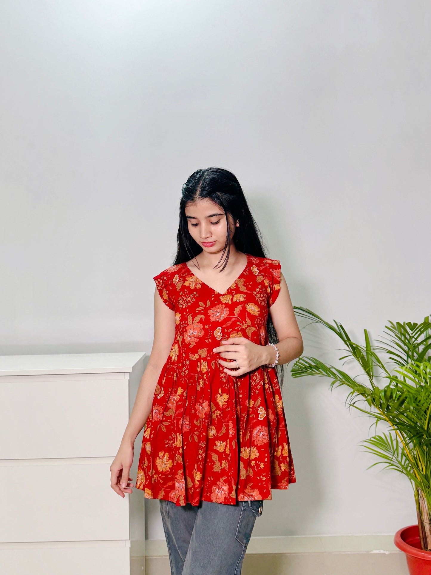 Frills Red Cut Sleeves Peplum Top