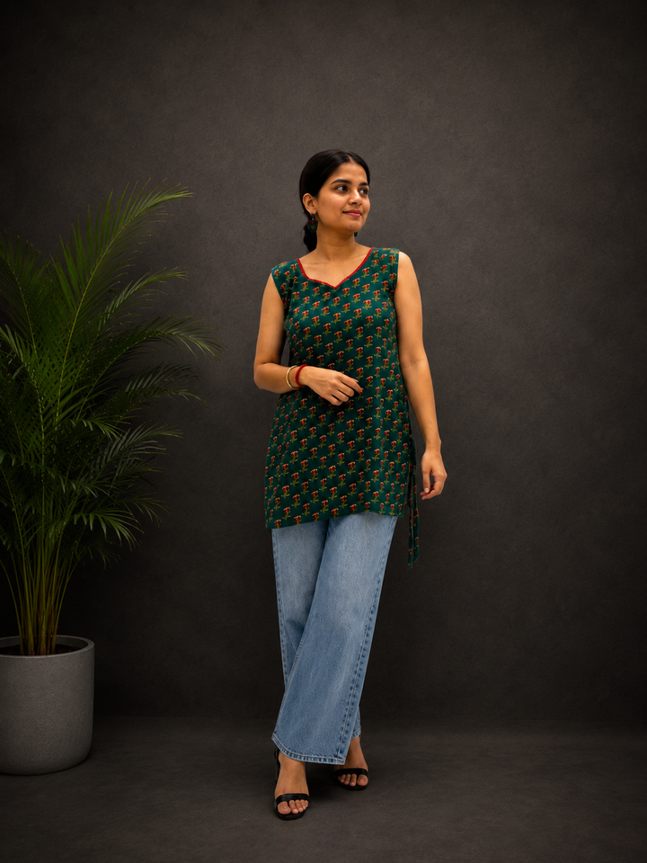 Green Sleeveless Short Kurti