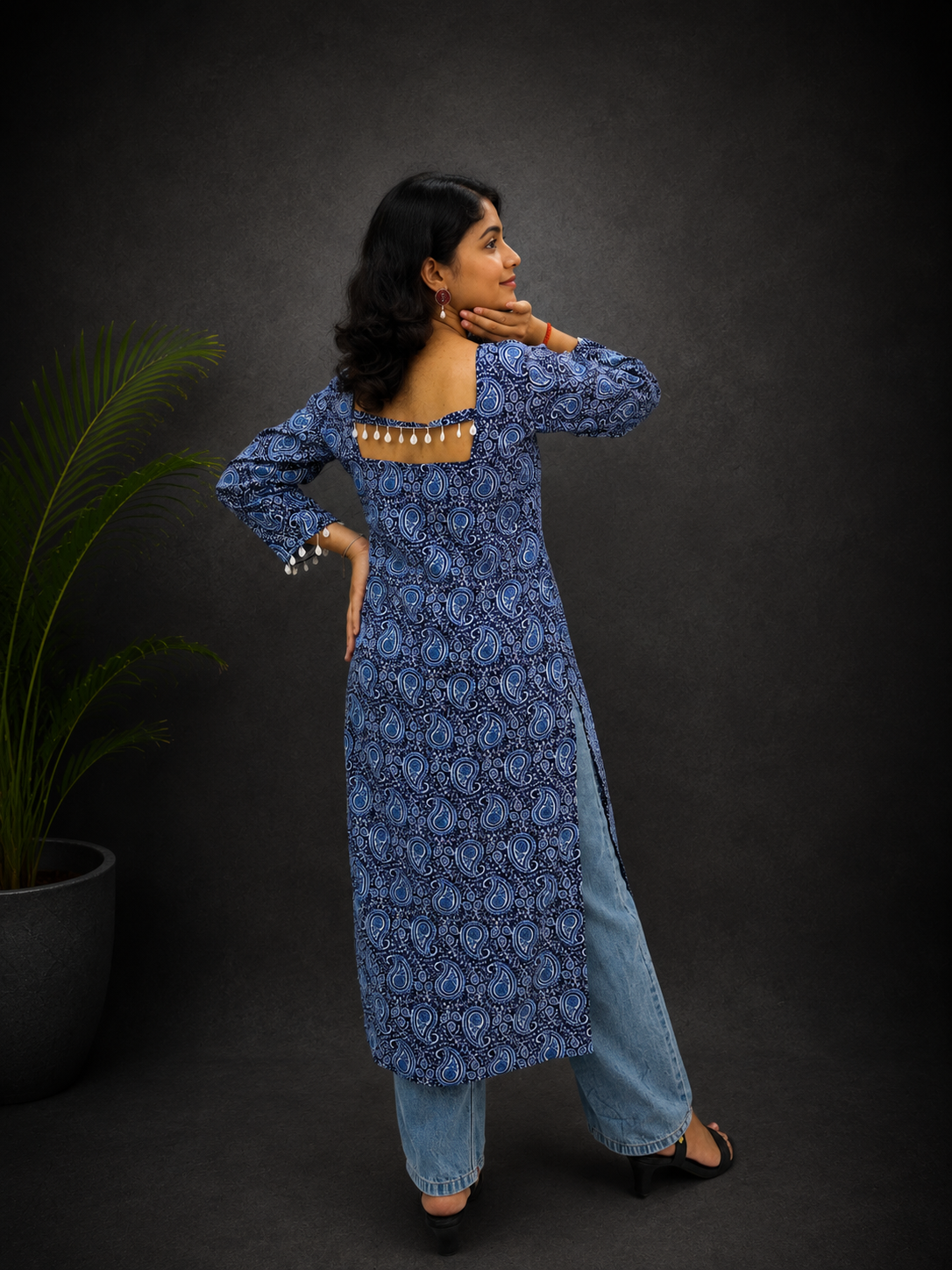 Block Print Blue Long Side Cut Kurti