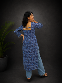 Block Print Blue Long Side Cut Kurti