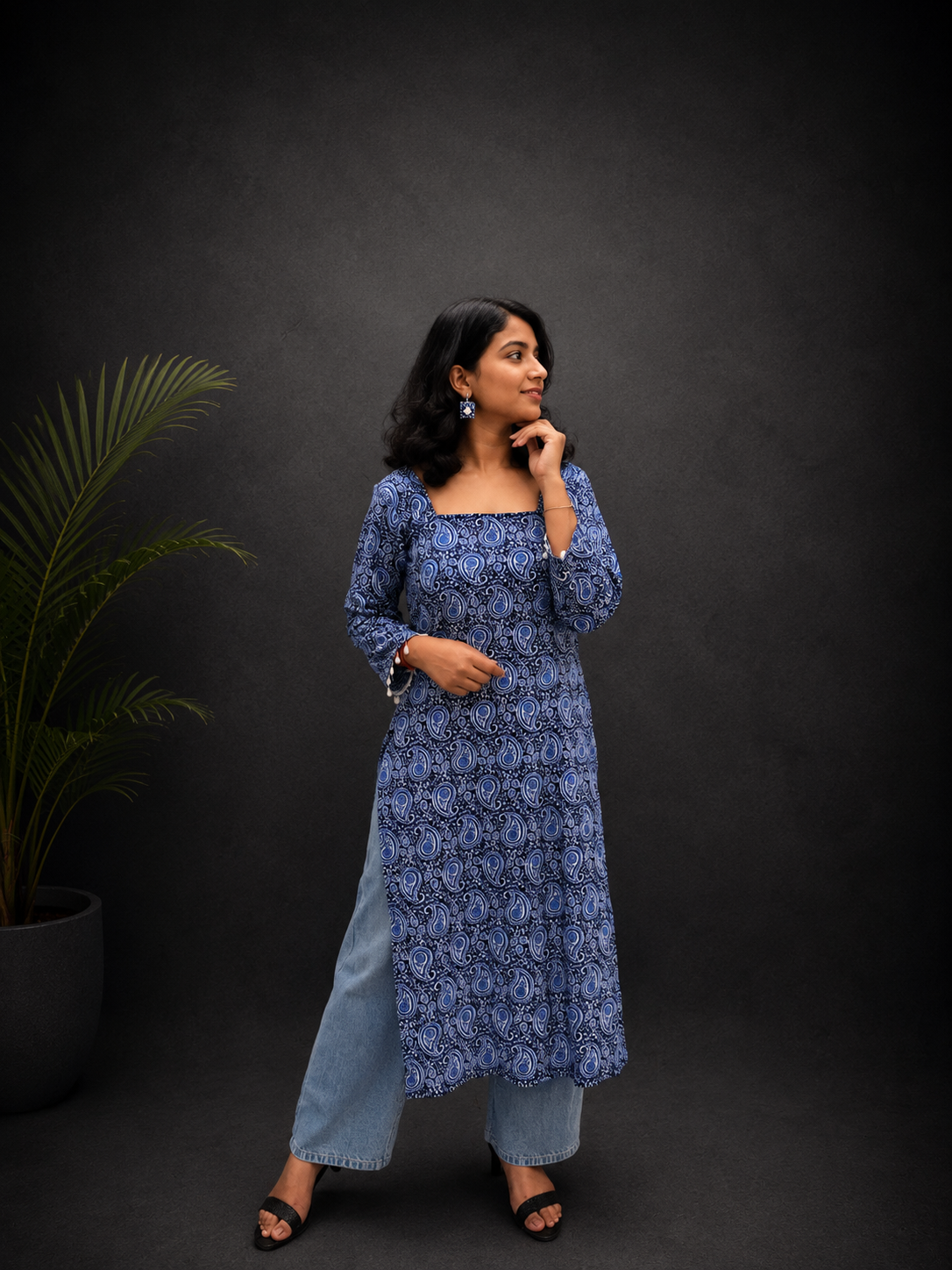 Block Print Blue Long Side Cut Kurti
