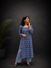 Block Print Blue Long Side Cut Kurti