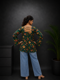 Dark Green Floral Balloon Sleeve Kurti