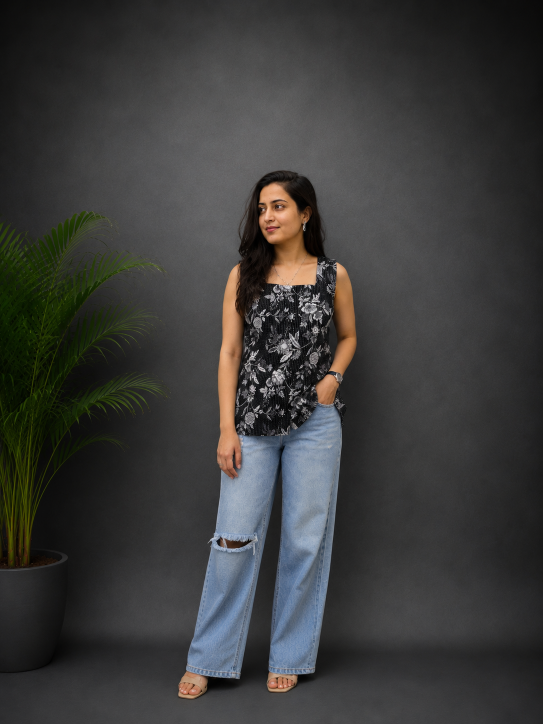Black Kantha Sleeveless Back Dori Kurti
