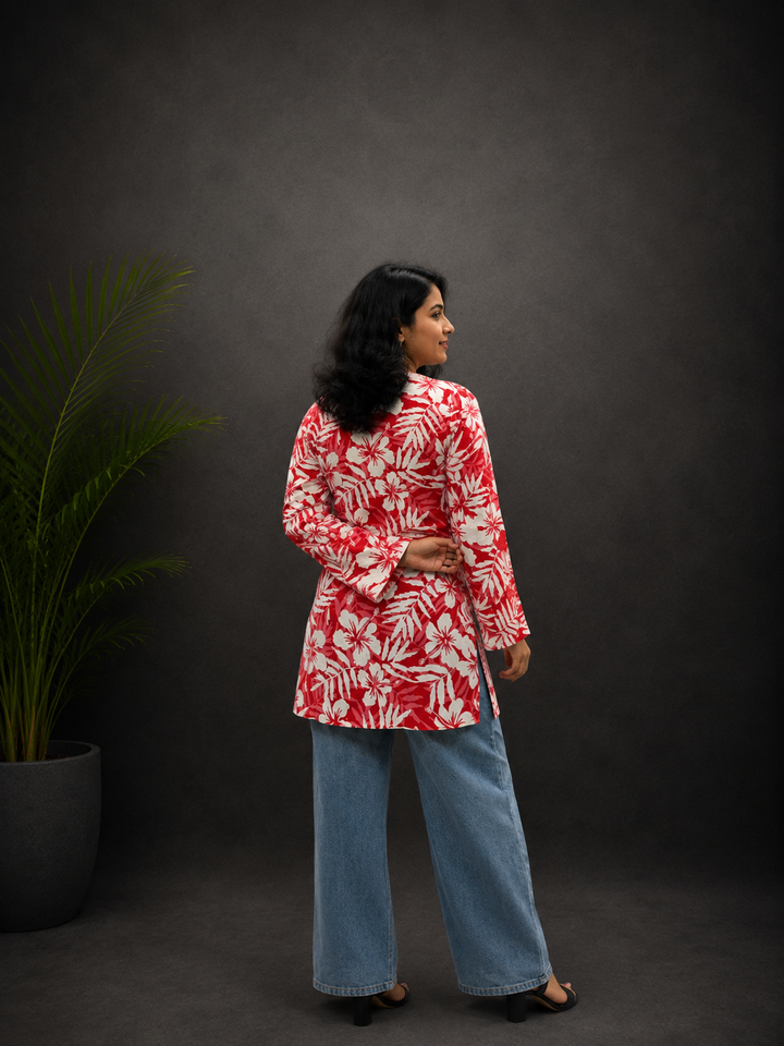 Red Floral Balloon Sleeve Straight Kurti