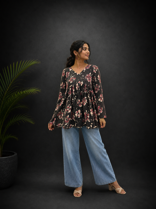 Floral Brown  Peplum Top