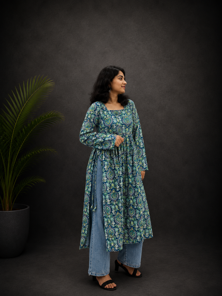 Floral Green Long Side Cut With Dori