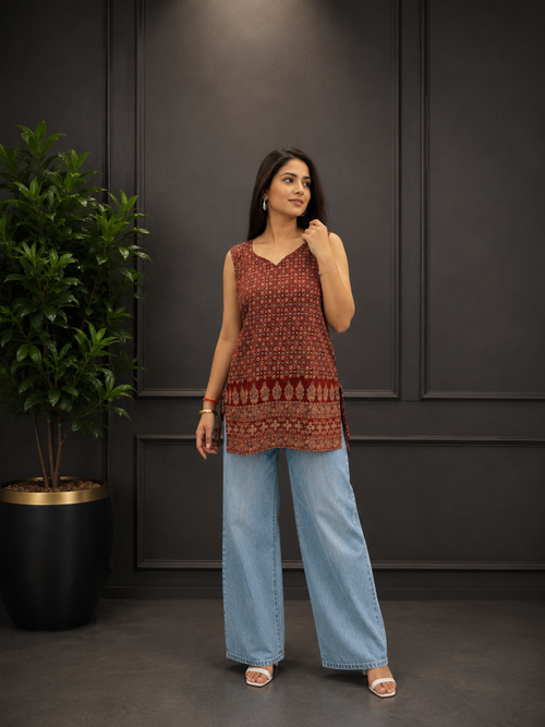 Brown Sleeveless Short Kurti
