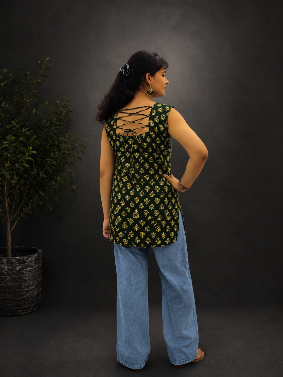 Dark Olive Sleeveless Short Kurti With Back Dori