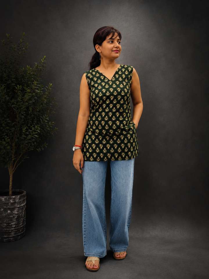 Dark Olive Sleeveless Short Kurti With Back Dori