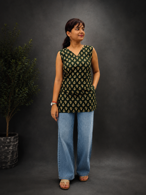 Dark Olive Sleeveless Short Kurti With Back Dori