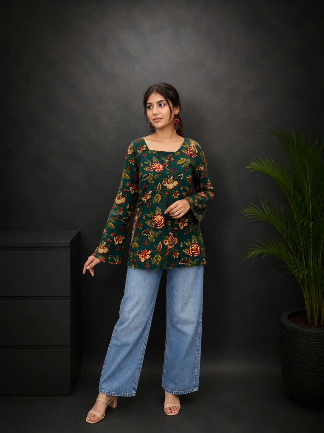 Dark Green Floral Balloon Sleeve Kurti