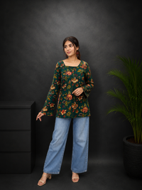 Dark Green Floral Balloon Sleeve Kurti