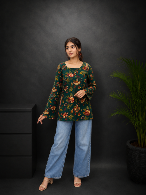 Dark Green Floral Balloon Sleeve Kurti