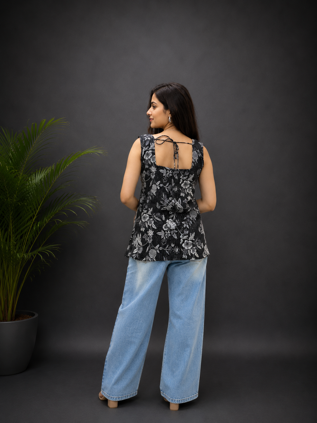 Black Kantha Sleeveless Back Dori Kurti