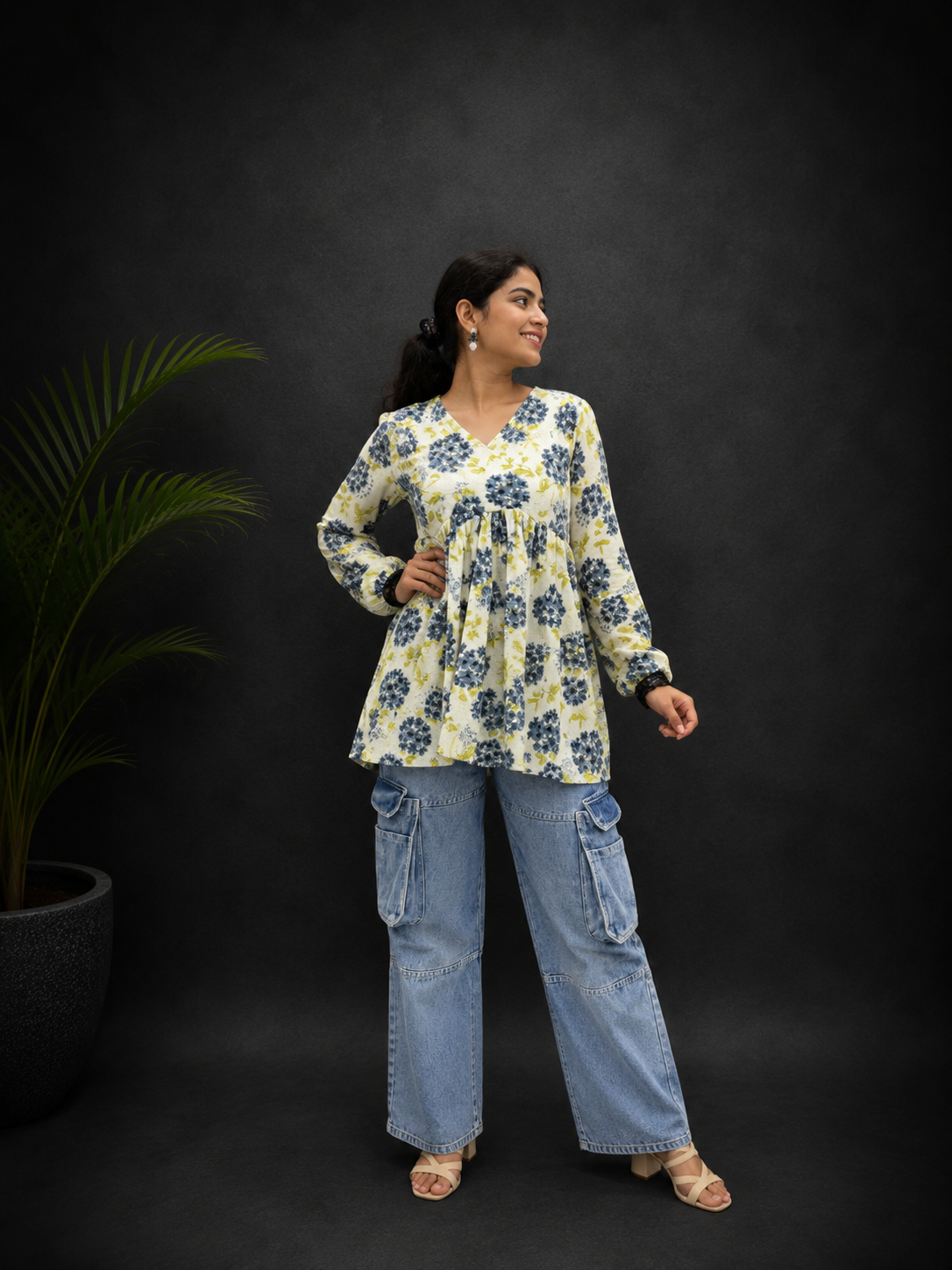 Cream Floral Peplum Top