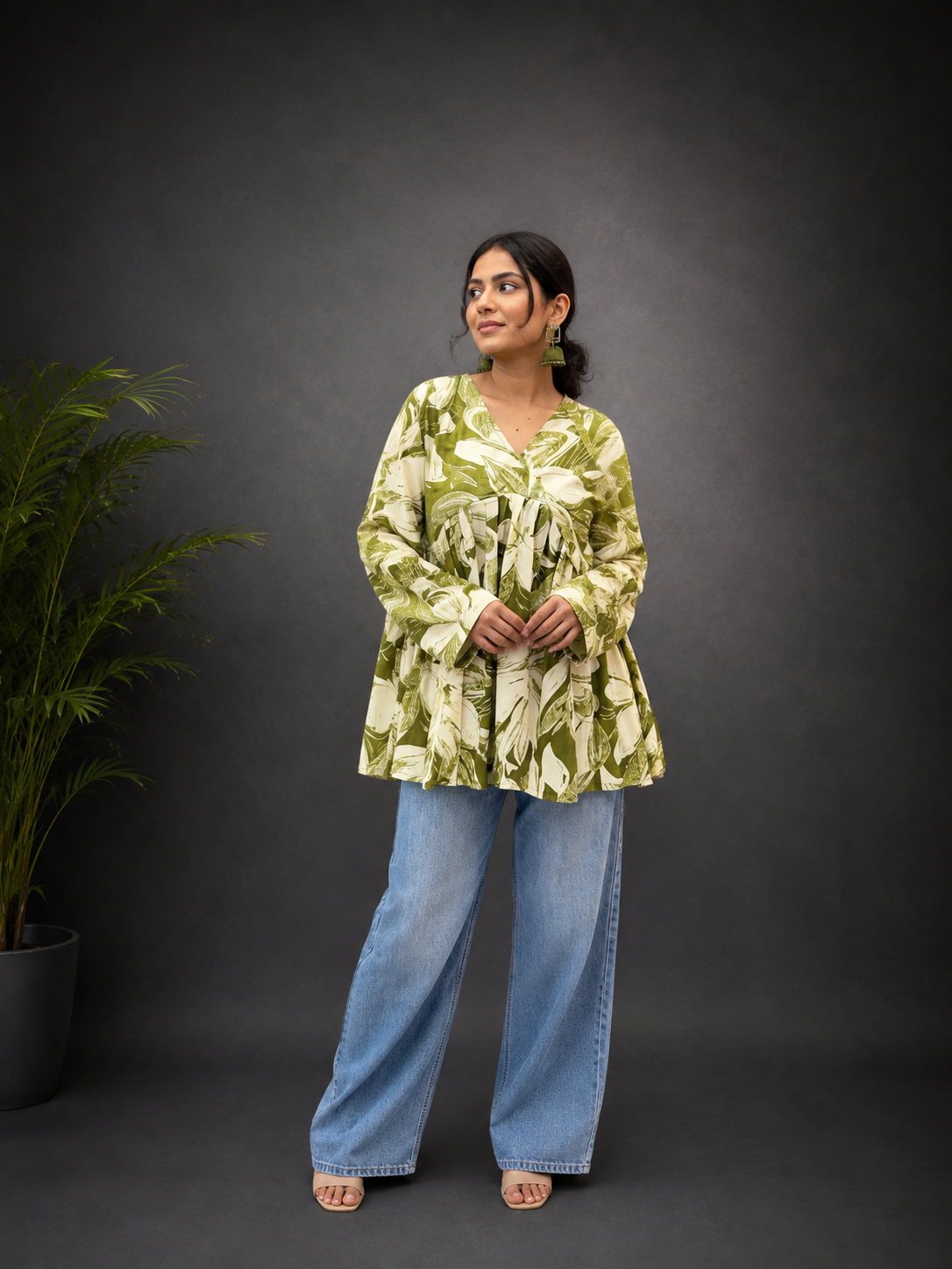 Moss Green Printed  Peplum Top