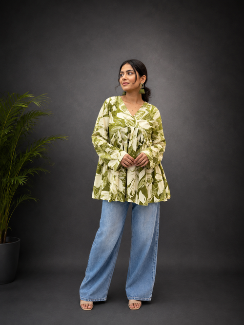Moss Green Printed  Peplum Top